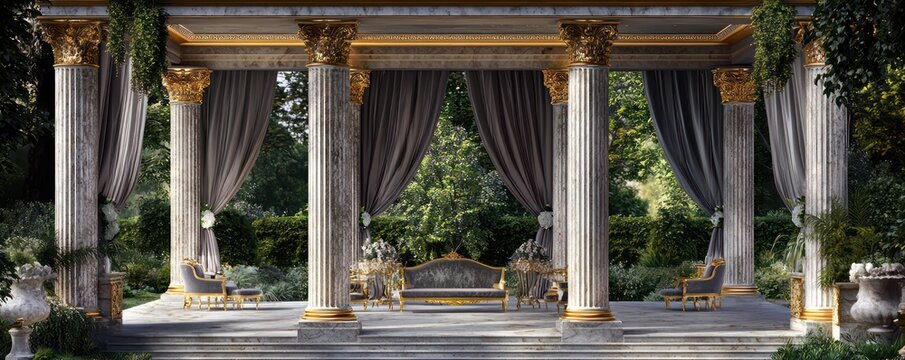 An opulent outdoor pavilion with marble columns, gold trim detailing, and velvet drapes A regal setting for garden parties and elegant outdoor events