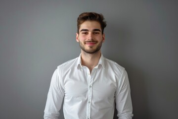 Obraz premium Smiling young businessman with laptop on grey background.