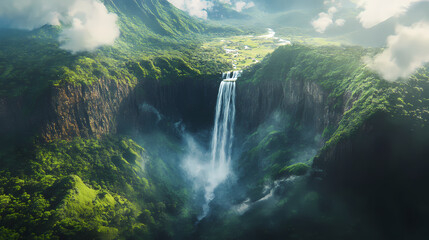Aerial view of a majestic waterfall thundering down into a pristine mountain. Thundering Waterfall. Illustration