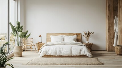 Mediterranean style bedroom showcasing minimalist design and serene colors, perfect for a home d?(C)cor concept.