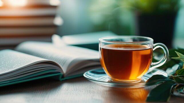A cup of tea and an open book on a table