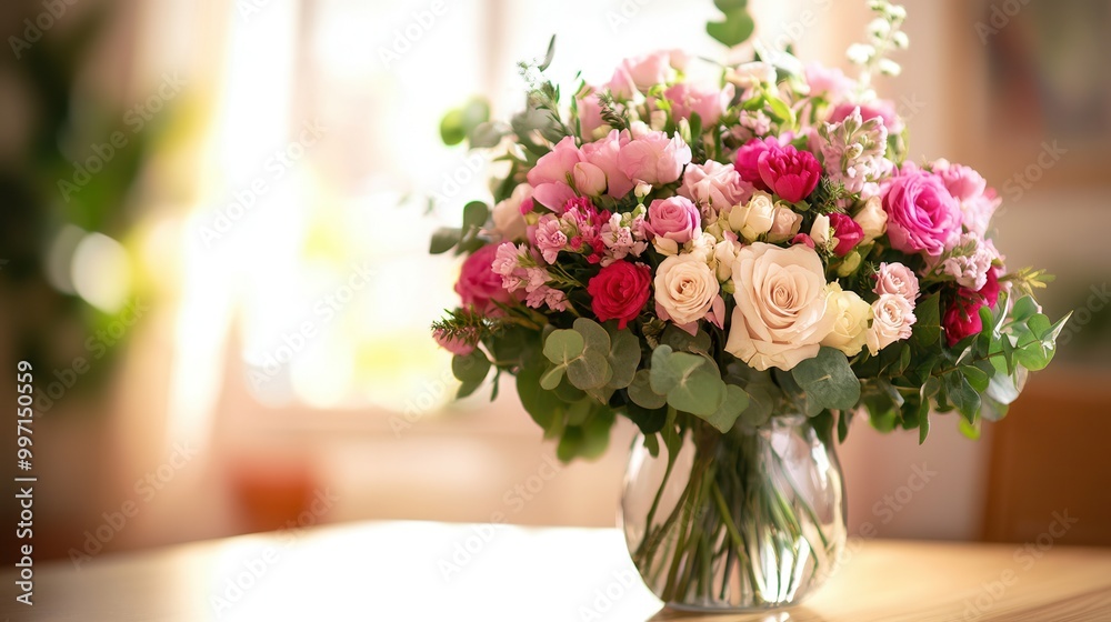Aufkleber brightly colored flowers bloom in a glass vase, adding a fresh and cheerful touch to the light woode