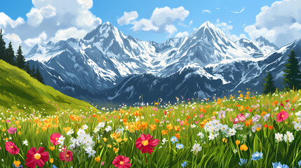 Fototapeta premium Alpine meadow in full bloom with snow-capped mountains in the distance. Alpine Meadow. Illustration