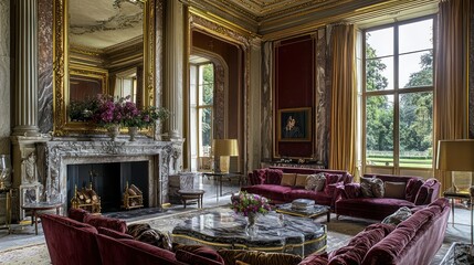 An opulent reception room with a large marble fireplace, gold mirrors, and plush velvet sofas Warm and inviting, this room is perfect for hosting distinguished guests