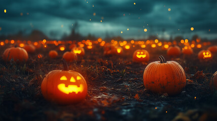 Halloween pumpkin in the garden. A haunted pumpkin patch with eerie glowing pumpkins