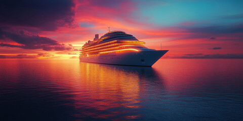 Experience tranquility on a luxury cruise ship at twilight, with calming hues reflecting on serene waters during a magical sunset, offering a stunning escape from daily lifes hustle and bustle
