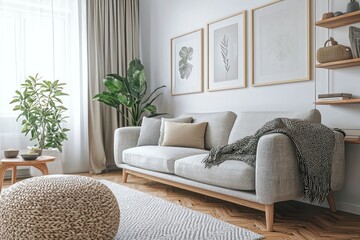 Modern Scandinavian living room with cozy elements.