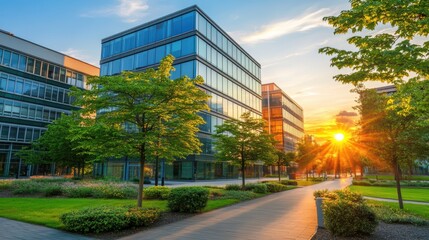 Sunset illuminates modern glass office buildings, trees, and greenery, creating a peaceful urban park setting. Concept: Balance of nature and urban life.