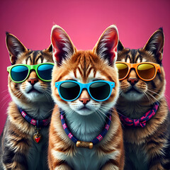 Three stylish cats wear colorful sunglasses and accessories, posing confidently.