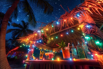 Festive tropical bar at night with colorful Christmas lights under a starry sky, beach holiday party concept