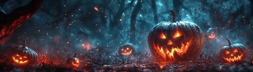 Fototapeta premium Eerie Halloween scene with glowing jack-o'-lanterns in a misty forest, creating a spooky and magical atmosphere.