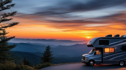 Fototapeta premium RV Motorhome camper at camp site overlooking a mountain range at sunset - recreational, vehicle