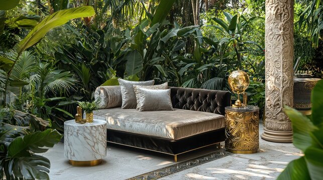 An outdoor terrace with opulent furnishings including a velvet daybed, marble side tables, and gold decorative elements Lush greenery surrounds the area
