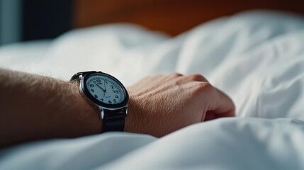 Hand reaching for an alarm clock on a bed.