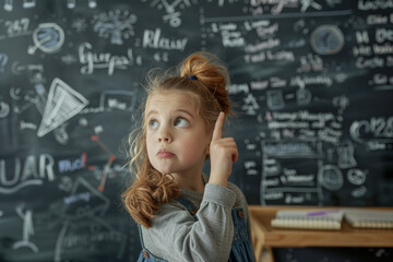 Elementary school child answers at a lesson near the blackboard in the classroom. Quality education for children