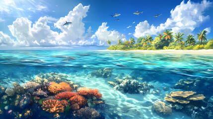 Coral atoll with shallow lagoon, sharks circling, coral reefs visible, clear midday lighting. Coral Atoll. Illustration