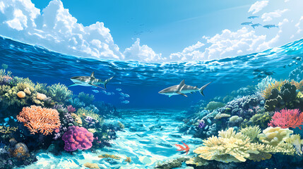 Coral atoll with shallow lagoon, sharks circling, coral reefs visible, clear midday lighting. Coral Atoll. Illustration