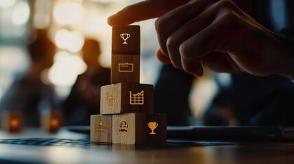 Hand arranging wooden blocks with icons for success.