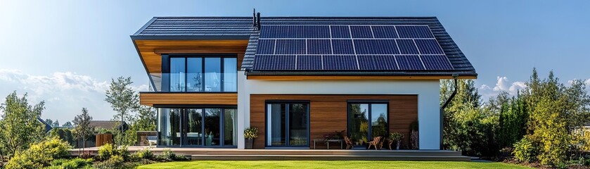 Fototapeta premium Modern eco-friendly house with solar panels and lush greenery, showcasing sustainable living and innovative architecture.