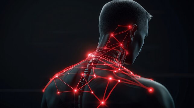 health wellness Glowing red nerve lines spreading from neck on dark gradient background symbolizing diabetic neuropathy pain and discomfort nerve damage illustration  
