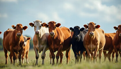 a group of cows bull cattle with horns, in a field farm, horizontal