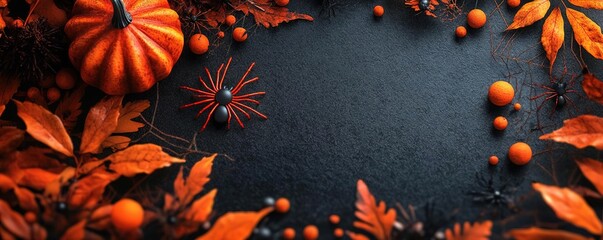 Autumn scene featuring vibrant orange pumpkins, leaves, and decorative elements against a dark background, perfect for seasonal themes.