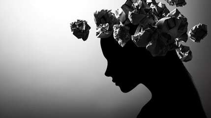 The head silhouette is surrounded by crumpled paper balls, representing ideas and stray thoughts being discarded
