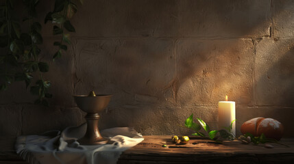 Maundy Thursday Candlelit Scene with Chalice and Bread