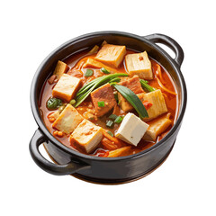 Front view of Kimchi Jjigae with a steaming hot and flavorful Korean kimchi stew, featuring tofu, pork, and vegetables isolated on a white transparent background