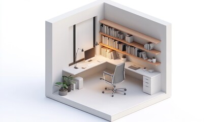 Sleek study room with ergonomic chair and built-in bookshelves in an isometric 3D render, on an isolated white background.