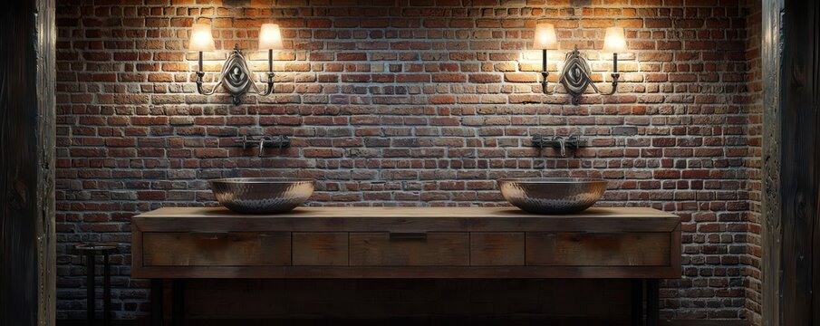 A contemporary industrial bathroom featuring an oversized wooden vanity, dual vessel sinks of hammered metal, and brick walls lit by custom sconces