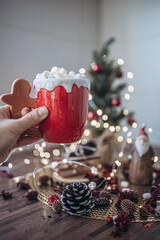 Hand holding a cup of hot chocolate with marshmallows and Christmas decoration