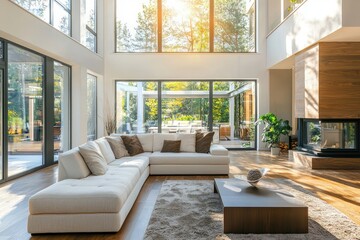 Sunlit luxury living room with modern decor and expansive windows.