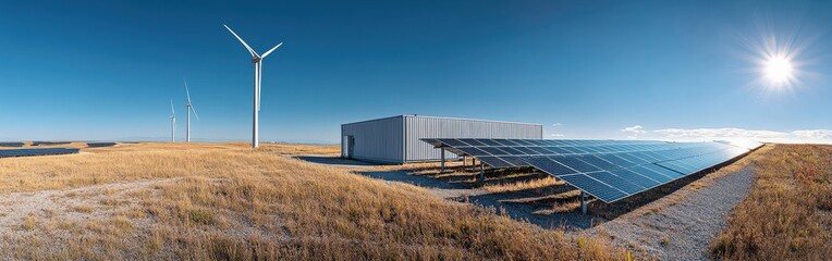 Obraz premium Renewable energy with wind turbines, solar panels, and battery storage systems