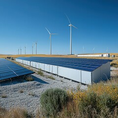 Renewable energy with wind turbines, solar panels, and battery storage systems
