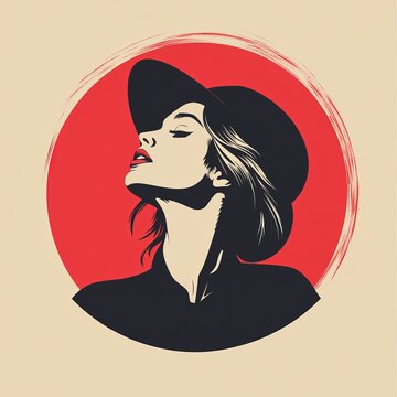 recommend clip art: A stylized illustration of a woman with a black hat and red lips, against a red circle background.