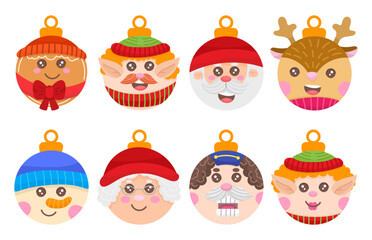New Year's tree decoration set of cartoon cute characters in flat style. Santa Claus, elf, deer, gingerbread and others.
