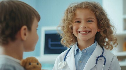 Happy child dressed as a doctor, smiling while playing pretend in a fun and educational role-playing game. Inspiring creativity and imagination through play.