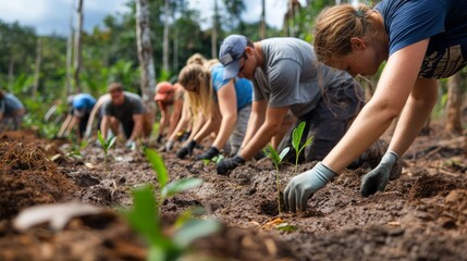 A diverse group of volunteers is actively planting young trees in a deforested area, contributing to environmental restoration and community engagement