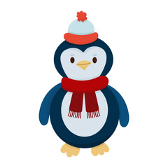 Cute winter animal penguin in warm clothes scarf and hat. Illustration cartoon character.