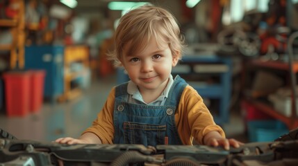beautiful child boy in overalls repairing car in service station