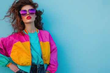 Woman in a colorful '80s style jacket, embodying the vibrant energy of the '90s.