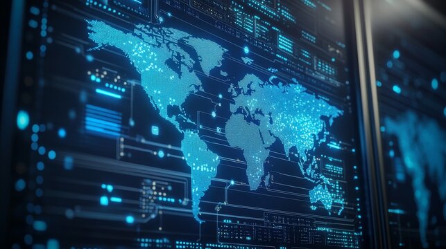 A futuristic data server displays a glowing digital world map, representing global connectivity and advanced technology in a high-tech commercial environment - Powered by Adobe