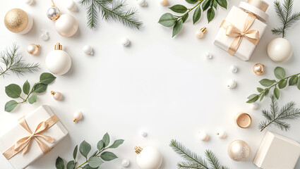 Christmas Background. Festive Flat Lay with Gifts, Ornaments, and Candles on White. Xmas Frame with Copy Space.