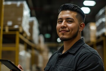 Young Latin American man efficiently using a digital tablet in a warehouse setting, embodying modern logistics.