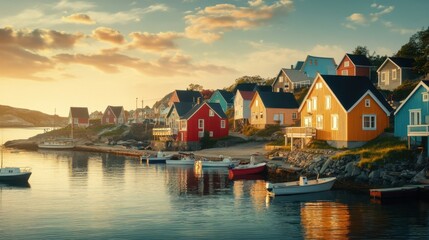 Fototapeta premium Quaint seaside village featuring bright, colorful houses, overlooking a peaceful harbor at sunset.