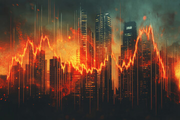 City skyline with a dramatic red stock market graph overlay, symbolizing financial crisis, volatility, or economic downturn in a fiery atmosphere