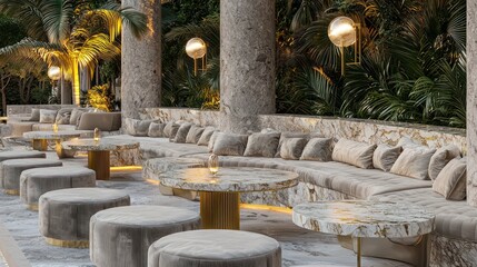 A decadent outdoor lounge with marble tables, gold lighting fixtures, and velvet-covered outdoor sofas The space blends luxurious comfort with open-air elegance