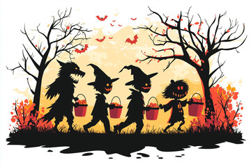 Bright contrast illustration of orange red and black flowers, silhouettes of children monsters going to halloween with buckets for sweets, white contrast background