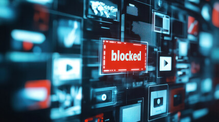 Digital screen with multiple media icons and a "blocked" sign in red, symbolizing internet censorship, restricted content, or access denial
